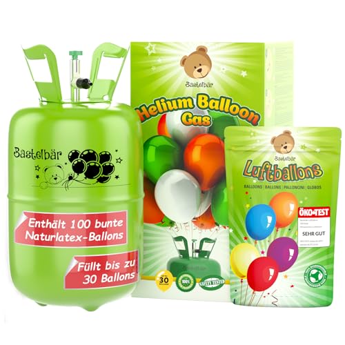 Helium Gasflasche + 100 Luftballons ÖKO-TEST 'SEHR GUT' • für ca. 30 Ballons ✓ garantierte 200l Ballongas ✓ Ballons MADE IN EU ✓ Helium Balloon Gas • praktisches Füllsystem für Party, Geburtstag uvm.