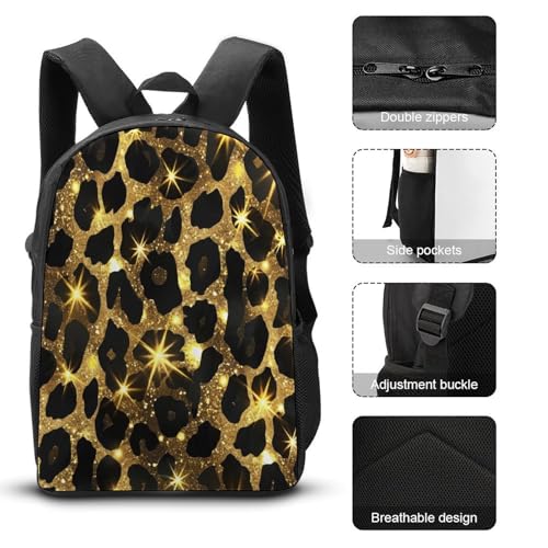 Gold Black Glitter Leopard Print Backpack Set 3 Pieces Backpacks Lunch Bag Wallet For Travel Outdoor Sports3