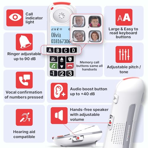 SWISSVOICE - Xtra 2355 Duo - DECT - Cordless Telephone - Large Keys - Answering Machine - Audio Boost - Loud Ringtones - Hearing Aids Compatible - Call Block- 2 Handsets - White - Image 6