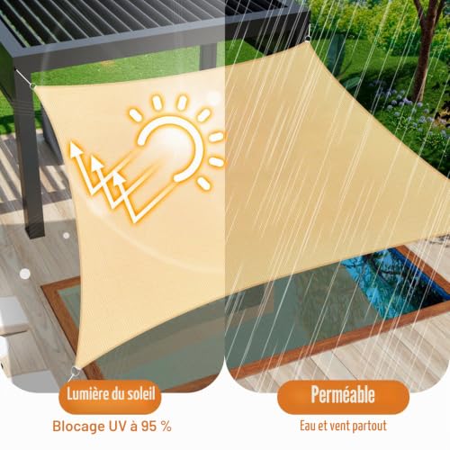 Voile d'ombrage haut de gamme 185g/m² HDPE résistant couleur sable - 7