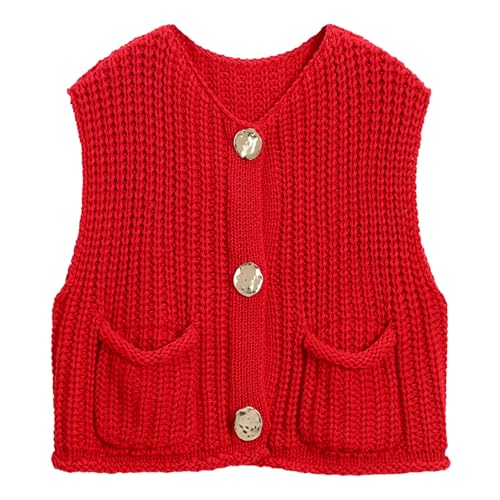 Image of Hixiaohe Womens Crochet Chunky Knit Top Sleeveless Button Down Crop Tops Trendy Cardigan Sweater Vest for Women with Pockets