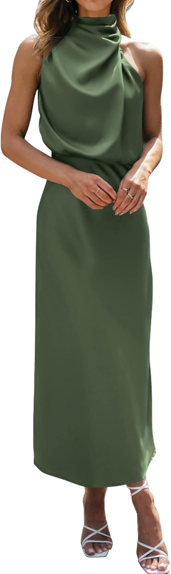 Elegant Sleeveless Satin Maxi Dress for Weddings & Parties |  Mock Neck Keyhole Back