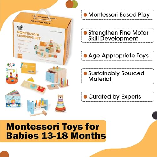 6-in-1 Montessori Learning Toys for 13-18 Months - Toddler Developmental Activity Set with Bear Tower, Pound Bench, Beads Coaster & More Educational Wooden Toys