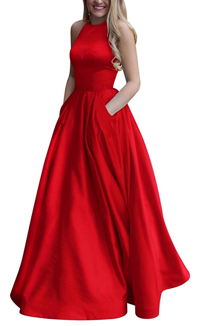 Women's Long Beaded Halter Satin Prom Dress A Line Open Back Evening Gowns with Pockets
