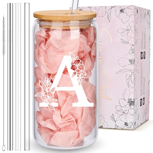 Personalized Tumbler, Monogrammed Can Glass Cups with Bamboo Lids and Straws, Customized Gifts for Women, Cute Design Initial Iced Coffee glasses, Custom Letter Mug, Birthday Bridesmaid, A