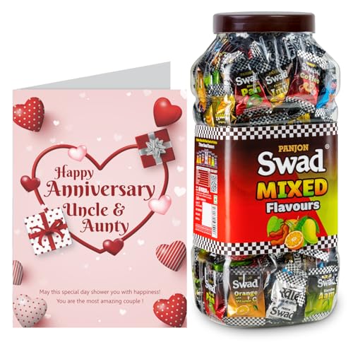 Image of Swad Happy Anniversary Uncle & Aunty Gift with Card (Swad Mixed Flavours Candy 200 Jar & 1 Greeting card) 2 units