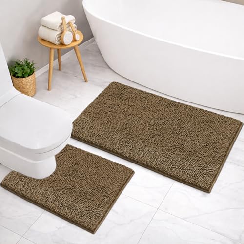 Image of LUXEHOME International Microfibre Chenille Contour Bath Mat Set for Bathroom, Anti Slip Super Absorbent Quick Dry Washable Bathroom Mats, Solid (Chocolate 45x75cm & 47x47cm) Pack of 2