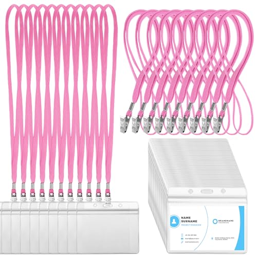 Image of Marspark 100 Sets Clear Name Tags with Lanyard, Lanyards for ID Badges Reusable Strap with ID Holder Plastic Name Badges for Adults Business School Church Conference (Pink)