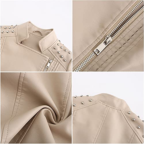 chouyatou Women's Casual Light Studded Shoulder Moto Biker Faux Leather Jacket3