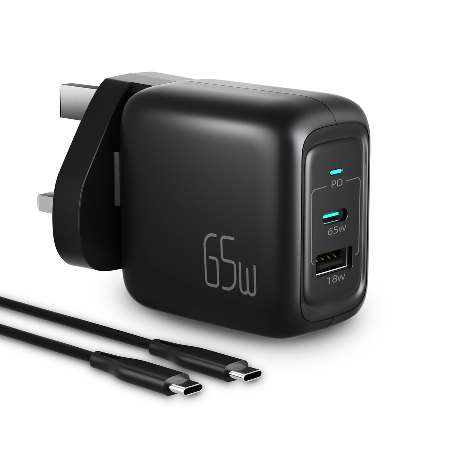 65W USB C Charger, PD3.0/QC3.0 Fast Charger 2 Port, GaN Power Adapter For MacBook, iPhone11-15 Series, Dell XPS, Galaxy S23 Ultra, Lenovo, Switch etc (6.5 ft USB-C to C Cable Included)