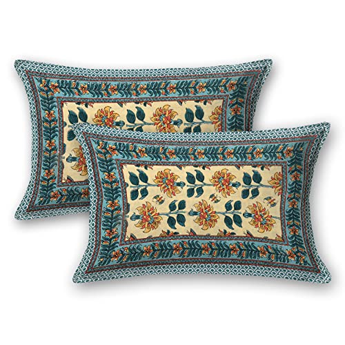 BLOCKS OF INDIA Hand Block Printed 200 TC Cotton King Size Bedsheet (Green Yellow Flower)