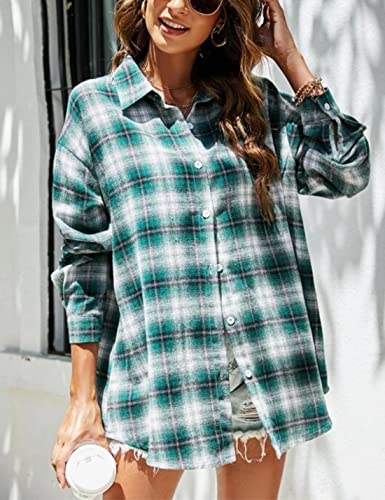 Image of HangNiFang Womens Flannel Plaid Shirts Oversized Button Shirts Blouse Tops