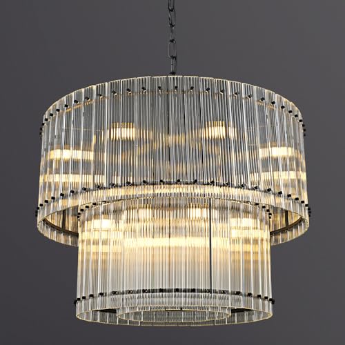 Image of 37 inch Modern Black Round Chandeliers, 3-Tier 16-Light Water Ripple Crystal Glass Chandelier, for Living Room, Foyer, High Ceiling Staircase, Dining Room, Luxury Adjustable Hanging Chandelier