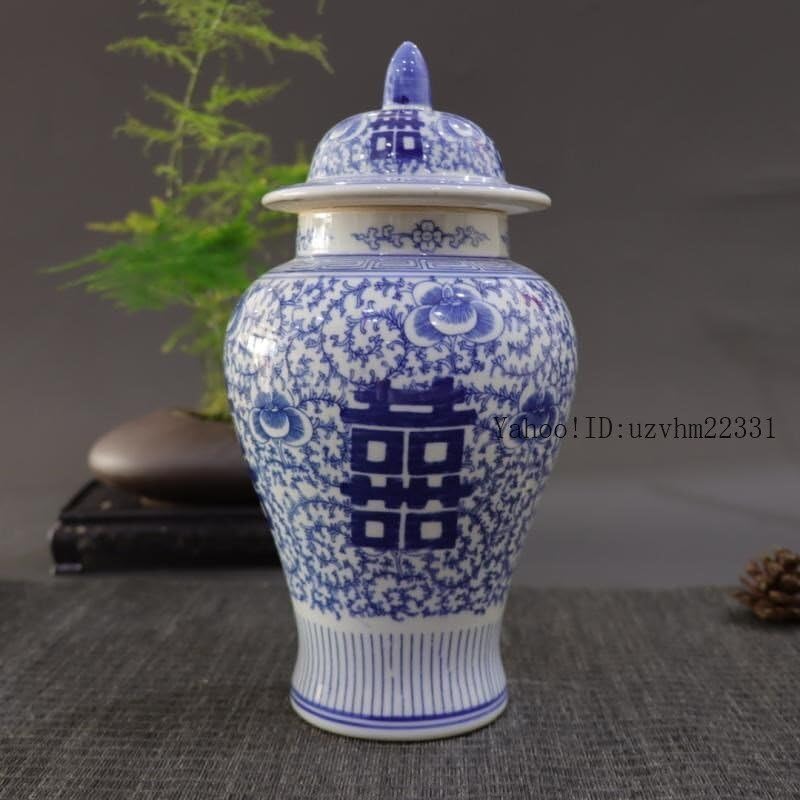 ブラウン】青花磁器喜字将軍缶 景徳鎮 陶磁器装飾品 工芸品 美術品 置物