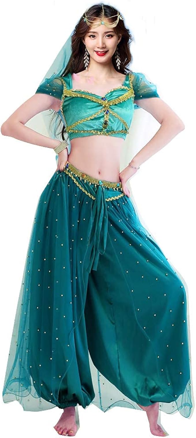 Amazon Co Jp ベリーダンス 衣装 4点セット コスプレ ハロウィン アラビアン衣装 インドダンス衣装 コスチューム お姫様 半袖トップス パンツ ズボン ホビー