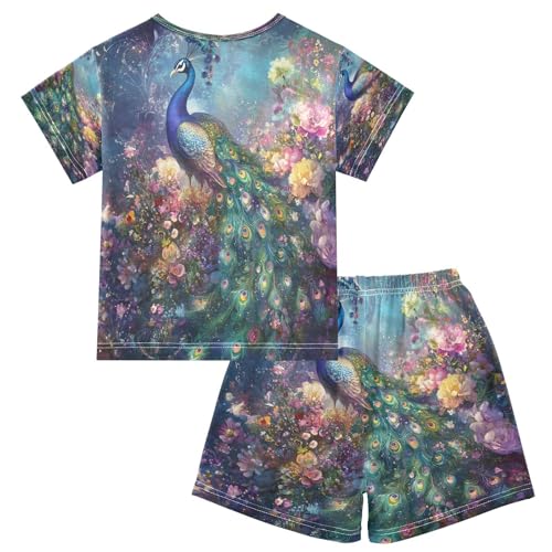 ALAZA Peacock Peony Flower Art Pajamas Set Short Sleeve Cotton Sleepwear Summer Pjs 2 Piece 5-14Y2