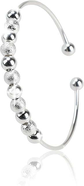 925 Sterling Silver Bead Women Jewelry Cuff Bracelet Silver Bead Spinner Anxiety Freely Unzip Tools Adjustable Women Ladies Girl Wife Mother Teacher Bangles for Birthday Valentine Graduation Gift