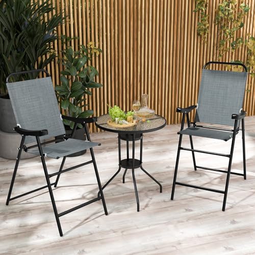 Image of COSTWAY 2 Pieces Patio Folding Bar Chairs with Metal Frame, Footrest, Arms