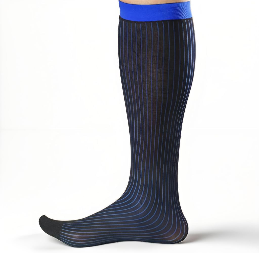 3 Pack Nylon Striped Dress Socks for Men Over the Calf Ultra Thin Dress Socks Daily Casual Business Stockings