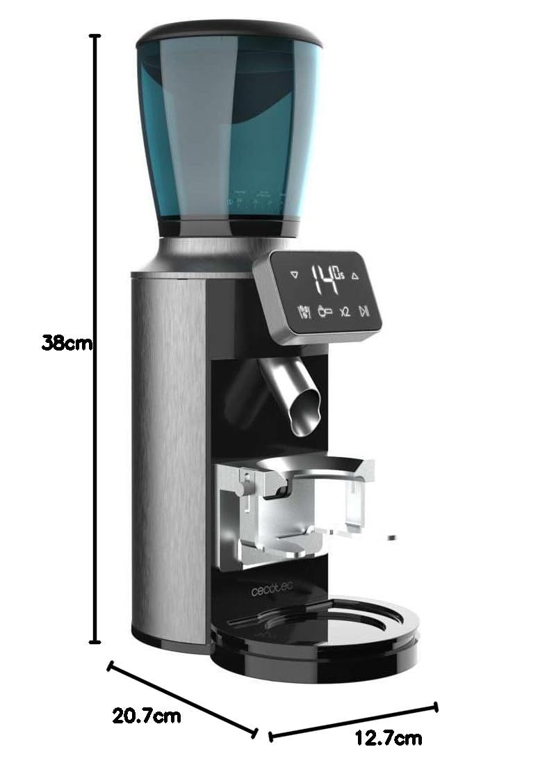 Cecotec - Moulin à Café Électrique SteelMill Touch - 200W, Acier Inoxydable, Écran Tactile et 30 Niveaux de Mouture, Récipient à Grains de 300gr avec Couvercle et 200gr de Café en Poudre