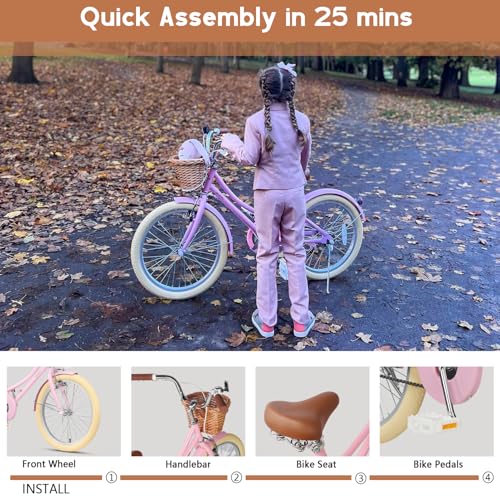 Image of Glerc Little Molly 12-20 Inch Kids Retro Cruiser Bike for 2-13 Year Old with Wicker Basket & Training Wheels /Kickstand, Multiple Colors