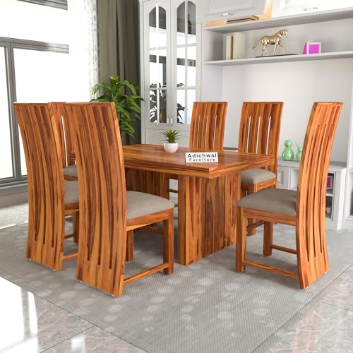 Image of Solid Sheesham Wood 6 Seater Dining Table Set with Cushioned Chairs for Dining Room | Living Room | Home & Office | Hotels Restaurant & Cafe (6 Seater, Honey H)