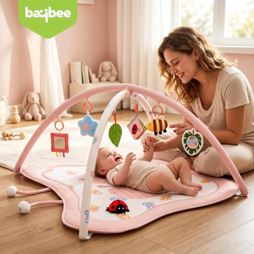 Image of Baybee 2 in 1 Premium Baby Play Gym & Activity Mat for Babies with Extra | Soft Cushion | Portable Playing mat for Kids with Sensory Toys | BPA Free Play Mat for New Born Baby up to 36 Months (Pink)