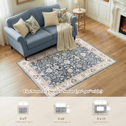 Image of WITSHOCK Washable Area Rug 8x10 Non-Slip Floral Play Room Carpet, Blue
