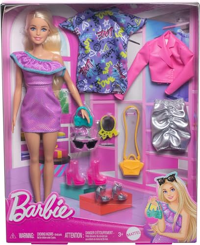 Image of Barbie Doll with Clothes and Accessories, Blond Hair and 3 Party-Themed Mix-and-Match Outfits Including Dresses, Purses and Heels