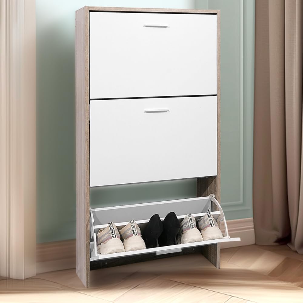 CASABEL, Mueble Zapatero de 18 Pares, Estantería de Gran Capacidad para vestíbulo o Pasillo, (Ancho) 60 x (Profundidad) 24 x (Alto) 113 cm, Madera Clara Blanca