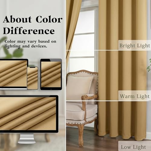 Image of Simplebrand Gold Room Darkening Curtains for Bedroom 63 Inch Length 2 Panels Set, Thermal Insulated Energy Saving Curtains for Kids Room, Grommet Solid Nursery Window Treatment Drapes, W40 x L63