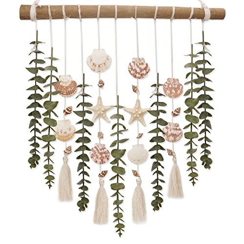 Bathroom Wall Decor Artificial Eucalyptus Boho Bedroom Decor Fake Eucalyptus Plants Leaves with Seashell on Stick Coastal Decor Natural Home Decorations for Living Room Nursery Kitchen