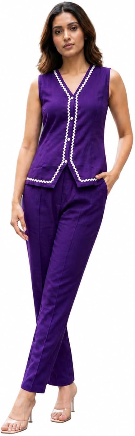 TRENDMALLS Women's Violet Contrast Lace Work Sleeveless Top with Pant Casual Office Wear Stylish Co ord Set For Women