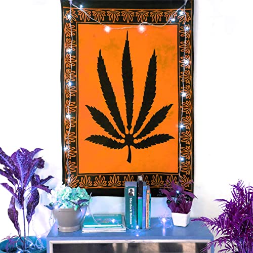 AVA Collections Wandteppich, mehrfarbig, psychedelische Wandteppiche, indische Baumwolle, Poster, Picknickdecke, Wanddekoration, Decke, Wandkunst, Hippie, Schlafzimmer-Dekor (Orange, Marihuana-Blatt)
