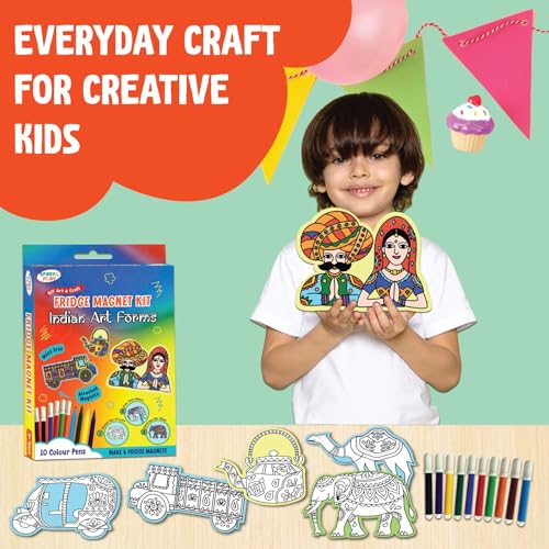 Image of SparkLPlay DIY Craft Kit for Kids Coloring Set with 6 Fridge Magnet Cutouts, 10 Color Pens. Mess Free. Gift for Kids. (Indian Art Forms)