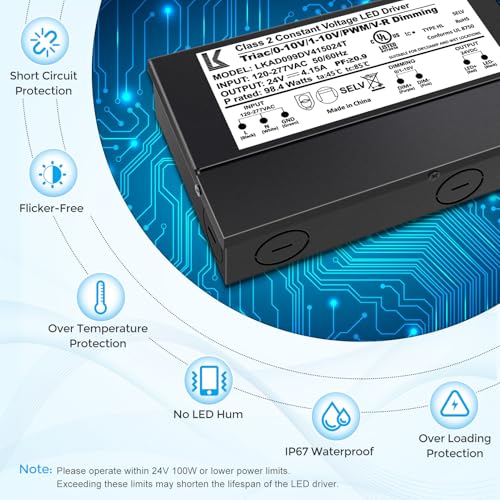 Image of 24V 100W Dimmable LED Driver, 5-in-1 Triac /ELV /MLV / /0-10V /1-10V /PWM /V-R Dimming AC to DC Power Supply, IP67 Waterproof LED Transformer, UL Listed, Compatible with Lutron & Leviton Dimmer
