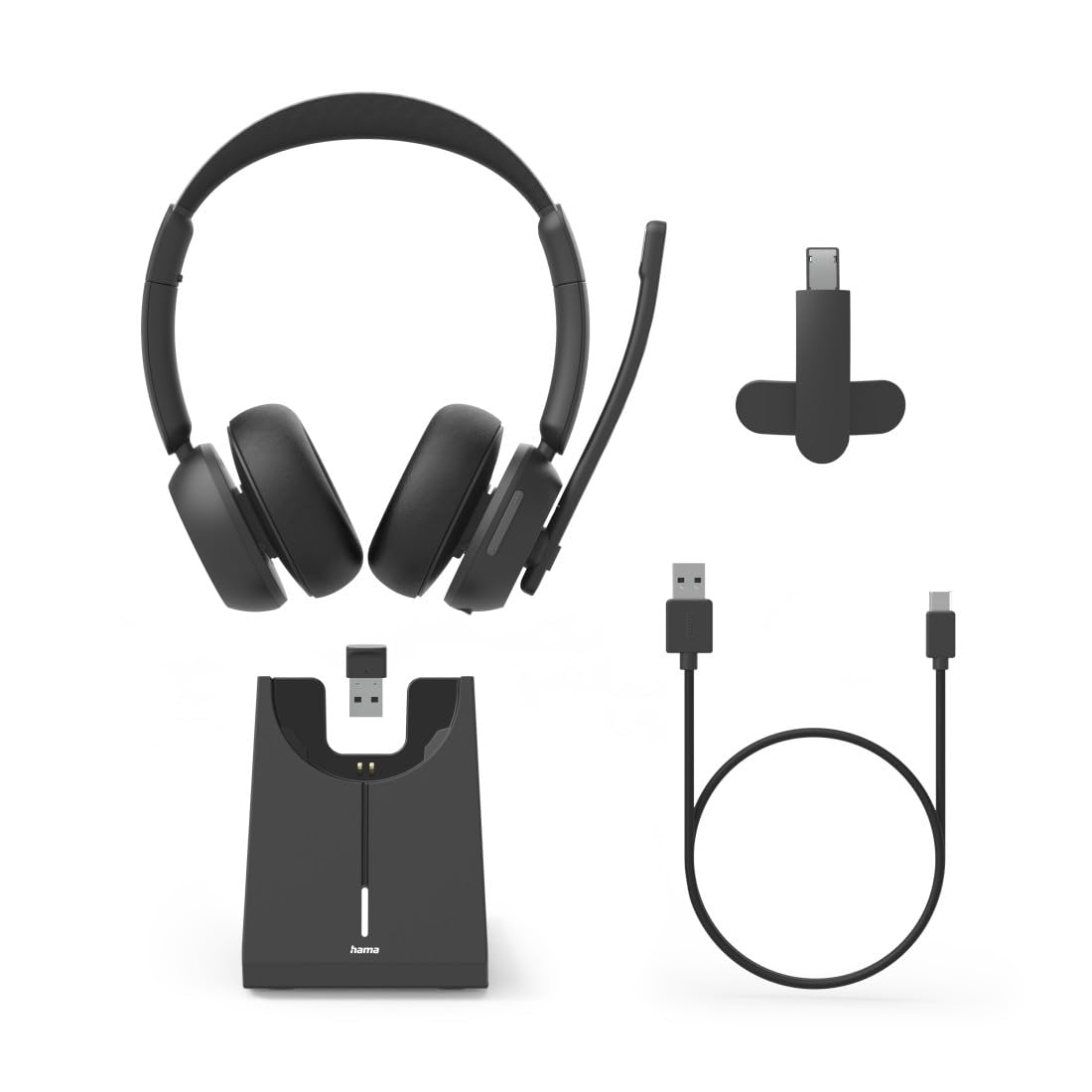 Hama Bluetooth Headset On Ear, Multipoint, Mono und Stereo, mit Ladestation | Wireless Headset schwarz, Kopfhörer mit Mikrofon, 30 Stunden Akku, verstellbarer Mikrofonarm, Multifunktionstaste, kabellos
