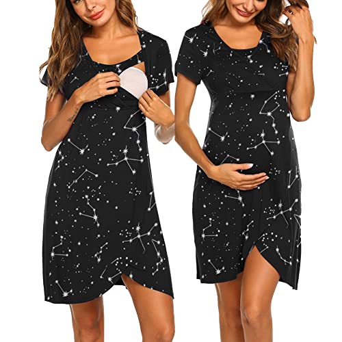 Image of Ekouaer Nursing Nightgown 3 In 1 Maternity Nightgown Short Sleeve Nursing Gown Breasfeeding Sleepwear Delivery Dress