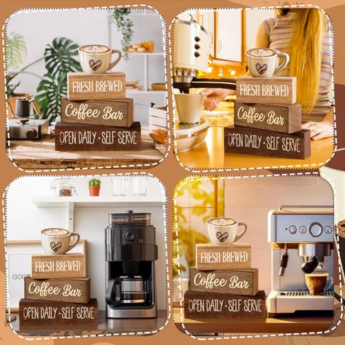 Image of Moucuny 4 Pcs Farmhouse Coffee Bar Signs Decor Wooden Cup Rise & Shine It's Coffee Time Rustic Wood Cafe Sign Gift for Home Kitchen Tabletop Decor