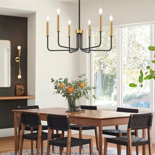 image for Lynnoland Black and Gold Chandelier, 6-Light Farmhouse Chandelier for 