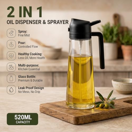 Image of 2-in-1 Glass Oil Dispenser & Sprayer | 500ML| Leak-Proof | For Air Fryer, Salad, Black