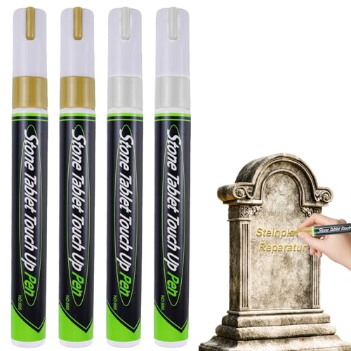 Puwixmox Grabstein Farbe Wetterfest Schrift Stift 4 Stück Grabstein Marker Stift Wasserdichter Stein Aufbesserungsstift Hohe Deckkraft für Wiederherstellen Verblasster Grabinschriften (Gold,Weiß)