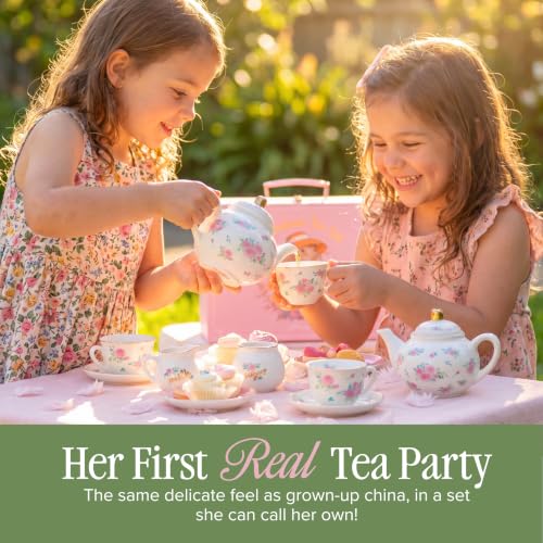Image of Giggle & Honey White Floral Tea Party Set for Little Girls, Porcelain Kids Tea Set with Carry Case, Teapot Cups & Saucers, Princess Tea Time Birthday Gift for Girls Ages 3, 4, 5, 6, 7, 8
