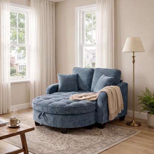 Image of ERYE Chenille Tufted Loveseat Sofa and Ottoman Set, Tufted Recliner Sleeper Chaise Lounge with Curved Storage Ottoman,Reclining Backrest and Side Pockets, 4 Pillows