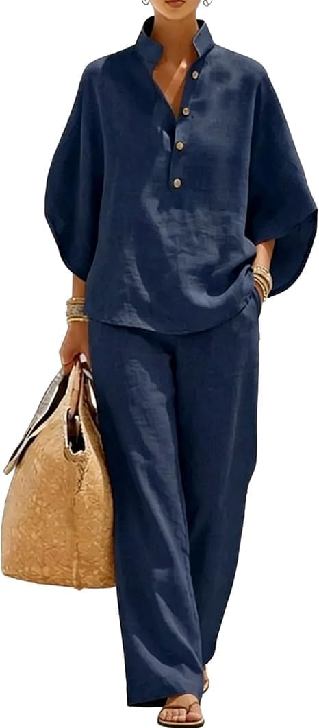 Women’s Batwing Sleeve Linen Cotton Two-Piece Set – Casual Shirt & Wide Leg Pants Outfit, Embrace the Trend
