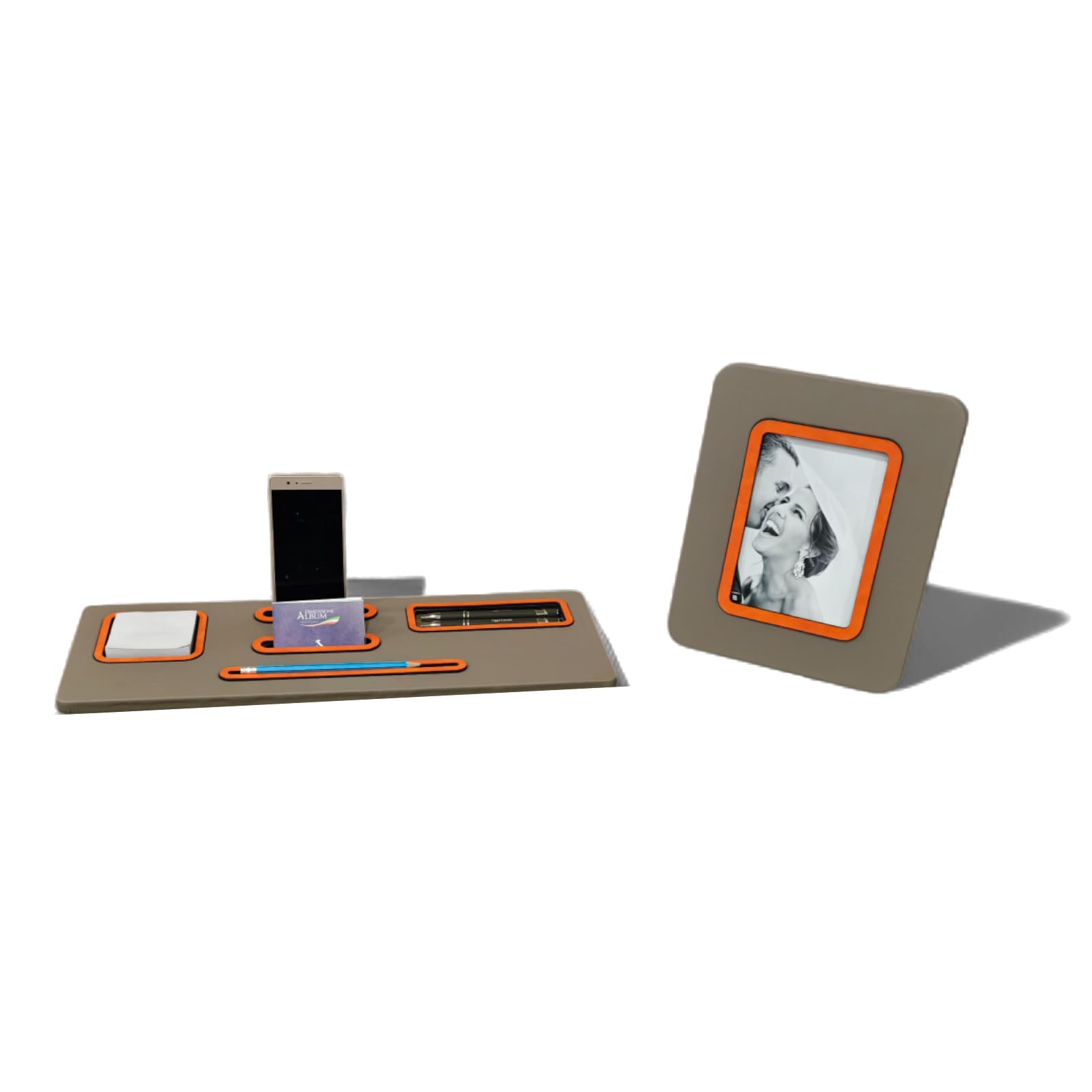 Organizzatore da Scrivania Set Multifunzionale in eco pelle TORTORA, Supporto per Smartphone con Portapenne, Portabiglietti e Post-it, Portafoto da tavolo, Design Moderno, Ufficio (PU Arancio)