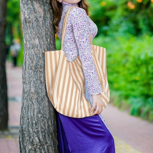 Image of Striped Canvas Tote Handbag for Women Vertical Stripe Large Capacity Shoulder Bag for Shopping Travel