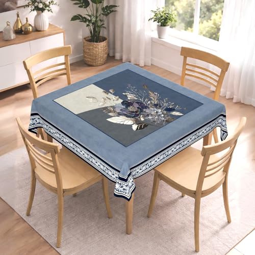 Image of Cloth Fusion Velvet Floral Square Shape Dining Table Cover Cloth 4 Seater with Stunning Gold Foil Design for Home Decor (56x56 Inch Square, Blue)