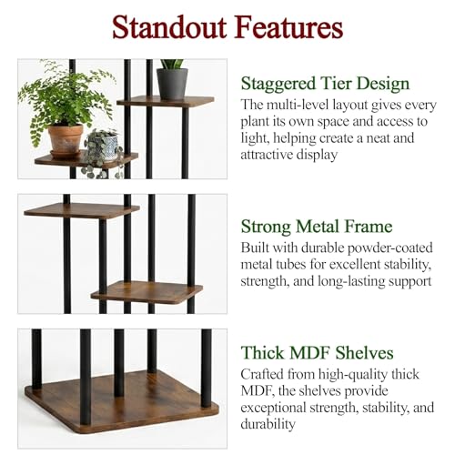 Image of Garden Genie Flora 5 Tier Metal Plant Stand for Indoor & Outdoor Plants | Multi-Level Wooden Shelf with Heavy Duty Metal Frame | Corner Plant Rack for Living Room, Balcony, Patio, Office & Home Decor