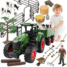 Peagprav Farm Animal Tractor Toys Playset-16.5 Inches Tractor with Trailer Fence,Farmer,Tree,Cow,Farm Toy Set for Boys Girls Kids Toddlers Age 3-7 Years Old